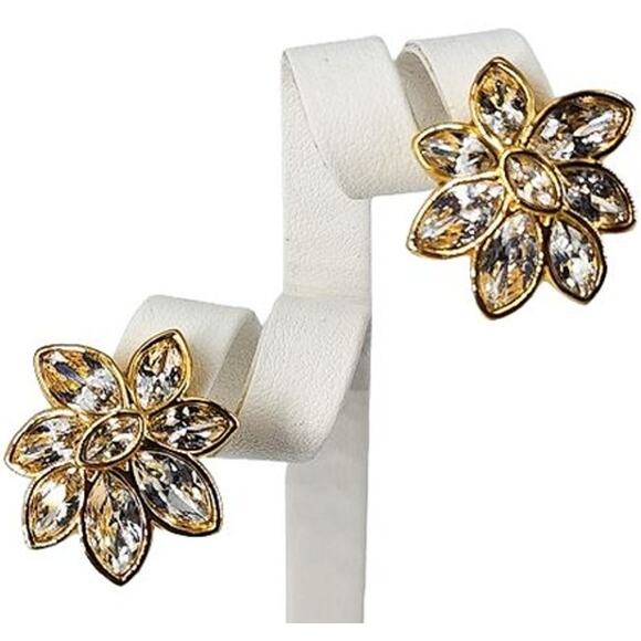 Vintage Swarovski Crystal Marquise Flower Clip Earrings Signed Wedding Bridal - Picture 1 of 5